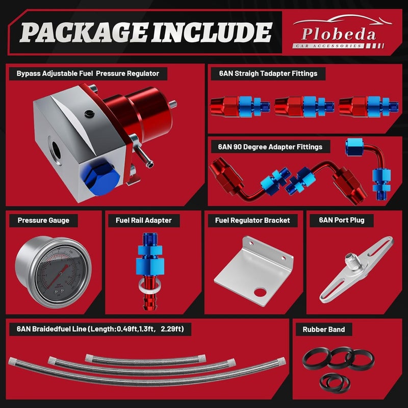 Plobeda EFI Fuel Pressure Regulator Kit with Bypass Return 0-100psi Pressure Gauge AN6-6AN Fuel Line Hose Fitting Connectors Kit Adjustable Universal Aluminum (Blue) - Image 2